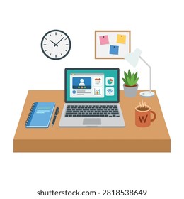 A tidy desk showcases a laptop for remote work. A lamp, plants, and a coffee mug add detail.