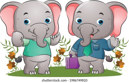 The tidy elephant is walking from the office with the good t-shirt of the illustration