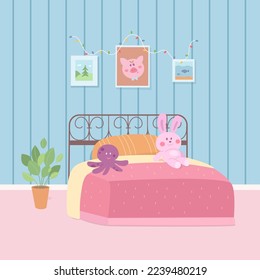 Tidy girls bedroom vector illustration. Cartoon room with cute furniture after daily cleaning, pink cover and pillow on mattress, toys on single bed and decor pictures on wall, clean carpet floor