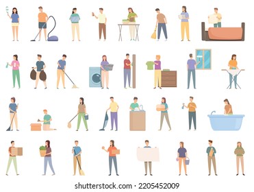 Tidy Up Icons Set Cartoon Vector. Furniture Room. Clean Apartment