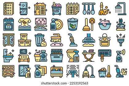 Tidy up icons set outline vector. Furniture room. Clean dirty color line flat isolated on white