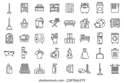 Tidy up icons set outline vector. Furniture room. Clean apartment dirty