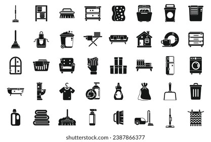 Tidy up icons set simple vector. Furniture room. Clean apartment dirty