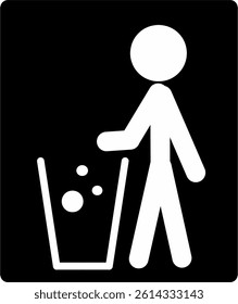 Tidy man in black background symbol, don't trash icon, keep clean, throw away careful and simple flat symbol for website, mobile, logo, app, UI. Perfect for go green campaign.