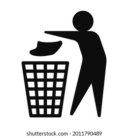 Tidy man vector icon. Do not litter symbol. Pictogram illustration of a stick person putting a piece of paper in a trash can. Ecological consciousness concept