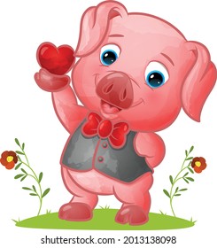 The tidy pig with the vest and ribbon tie holding a small love of illustration
