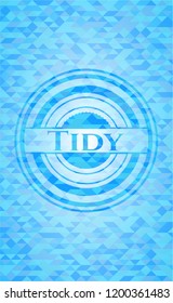 Tidy sky blue emblem with triangle mosaic background