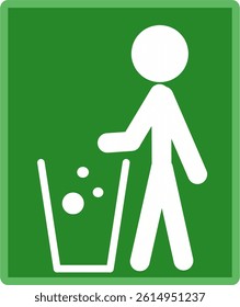 Tidy stick man in green background and  frame symbol, don't trash icon, keep clean, throw away careful and simple flat symbol for website, mobile, logo, app, UI. Perfect for go green campaign.