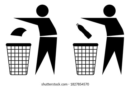 Tidy, stick man throws garbage into trash bin. Keeping order reminder. Waste recycling. Caring for environment. Vector symbol