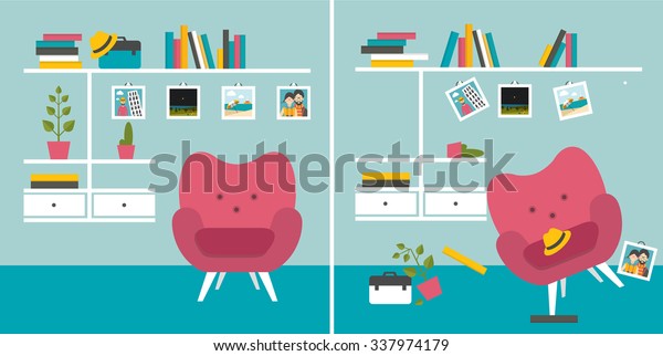 Tidy and untidy room. Living\
room with armchair and book shelves. Flat design vector\
illustration.