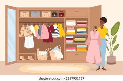 Tidy wardrobe concept. Woman with pink dress in her hands stands near closet. Fashion, trend and style. Young girl chooses clothes and shoes, makes decision. Cartoon flat vector illustration