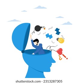 Tidy up your mind, improve creative thinking ability, free memory concepts, clear your brain to regain focus, declutter ambitious entrepreneur, clean and remove all messy worries from his big head.