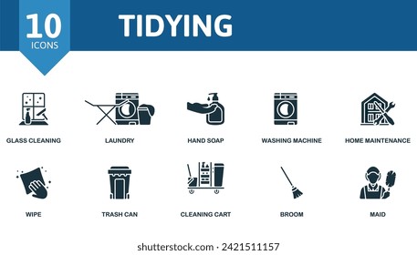 Tidying icons set. Creative icons: glass cleaning, laundry, hand soap, washing machine, home maintenance, wipe, trash can, cleaning cart, broom, maid.