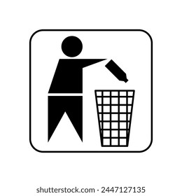 Tidyman vector icon. Packing dispose, waste recycling, trash can symbol. Do not litter sign. Person throwing a bottle into a bin. Keep clean warning, label, badge or sticker isolated.