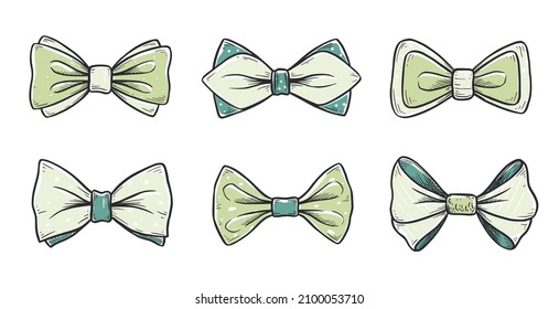 Tie bow color doodle sketch. Hand drawn sketch vintage ribbon neck bow for wedding, fashion element. Isolated vector illustration.