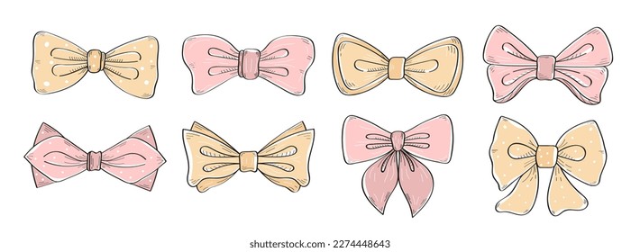 Tie bow color vector illustration set in doodle style. Hand drawn color ribbon for fashion, app, web. Vinage neck bow for wedding. 