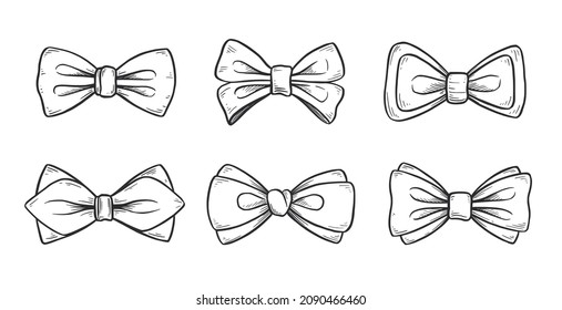 Tie bow doodle sketch. Hand drawn sketch vintage ribbon neck bow for wedding, fashion element. Isolated vector illustration.