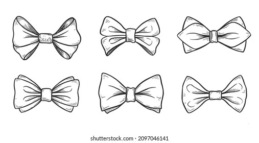 Tie bow doodle sketch. Hand drawn sketch vintage ribbon neck bow for wedding, fashion element. Isolated vector illustration.