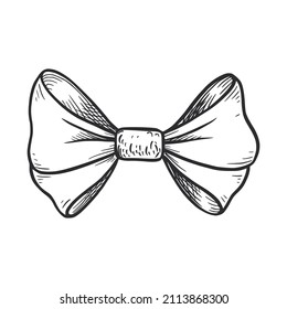 Tie bow doodle sketch. Hand drawn sketch vintage ribbon neck bow for wedding, fashion element. Isolated vector illustration.