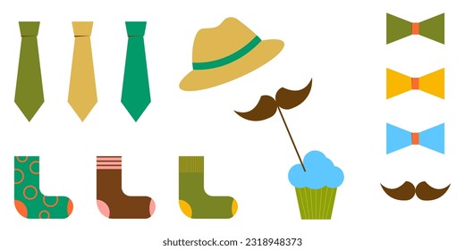 Tie, bow tie, hat, socks. Vector set of items for dad. Geometric style.