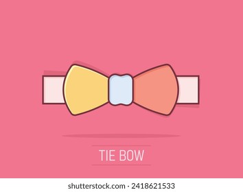 Tie bow icon in comic style. Bowtie cartoon vector illustration on isolated background. Butterfly splash effect business concept.