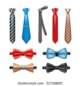 Tie and bow tie realistic set in different shapes and colors isolated vector illustration 