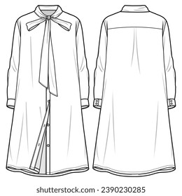 Tie Collar Long Sleeve Front Placket Shirt Dress, Bowknot Button Down Tunic Shirt Dress Front and Back View. Fashion Illustration, Vector, CAD, Technical Drawing, Flat Drawing, Template, Mockup.