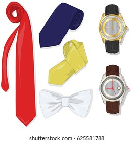 Tie collection. Bow tie.  Watch. Vector illustration.