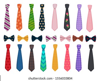 Tie collection. Men suits accessories bows and ties fashioned vector illustrations