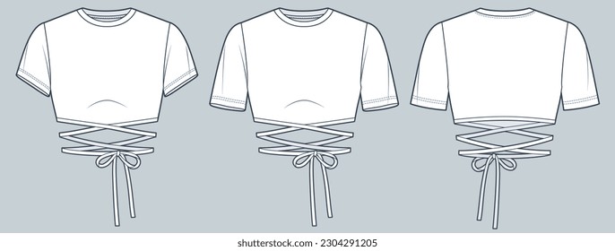 Tie Crop Top technical fashion Illustration. Short Sleeve Crop Shirt fashion flat tehnical drawing template, round neck, front knot, slim fit, front and back view, white color, women CAD mockup set.