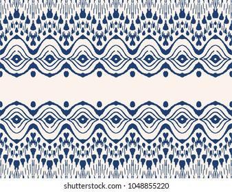 Tie dye art brush and lace. Vector Ethnic necklace. Ikat pattern. Shibori print with stripes and chevron. Ink textured japanese background. Bohemian fashion. Endless watercolor texture. 