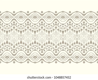 Tie dye art brush and lace. Vector Ethnic necklace. Ikat pattern. Shibori print with stripes and chevron. Ink textured japanese background. Bohemian fashion. Endless watercolor texture. 