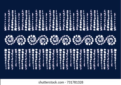 Tie dye art brushes. Print in Shibori style. Ribbon ornament, ribbon, border. Ethnic jewelry. Fashion embroidery for women's clothing. Elements of batik on fabric.