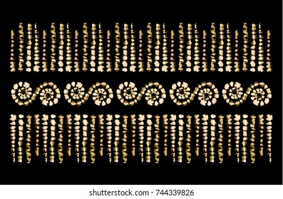 Tie dye art brushes. Print in Shibori style. Ribbon ornament, ribbon, border. Ethnic jewelry. Fashion embroidery for women's clothing. Elements of batik on fabric.
