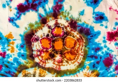 Tie dye background Geometric pattern texture Coral 70s fabric Vector illustration Psychedelic hippie light Shibori Batik brush seamless and repeat design Paint splatter spiral Orange, red, blue,