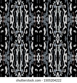 Tie Dye, Batik. Hand Drawn, Paint Texture Ornament. Traditional Surface. Endless Repeat Painting.  Black Gray Modern Geo Ancient Rug.  Medallion Ornamental Ikat Mosaic.