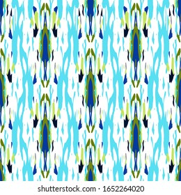 Tie Dye, Batik. Hand Drawn, Paint Texture Ornament. Traditional Surface. Endless Repeat Painting.  Blue Cyan Geo Native Folklore Bed Linen.  Geometry Watercolor Ikat Mosaic.