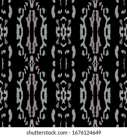 Tie Dye, Batik. Hand Drawn, Paint Texture Ornament. Traditional Surface. Endless Repeat Painting.  Black Gray Folklore Summer Geo Cloth.  Ornamental Staining Shibori Design.