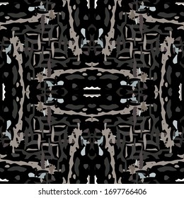 Tie Dye, Batik. Hand Drawn, Paint Texture Seamless Pattern.  Ethnic Surface. Hand Drawn Painted. Black Gray Folk Old Summer Textile.  Organic Graphic Tie dye Pattern.