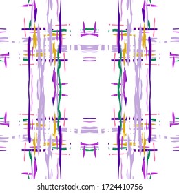 Tie Dye, Batik. Handgezeichnete, farbige Textur Nahtloses Muster.  Ethnische Oberfläche. Handgemalt. Lilac Violet Folklore Vintage Native Embroidery.  Wasserfarbe Geometrisches Ikat-Mosaik.
