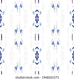 Tie Dye, Batik. Hand Drawn, Paint Texture Seamless Pattern.  Ethnic Surface. Hand Drawn Painted. Blue Cyan Native Folk Ethnic Bed Linen.  Woven Graphic Shibori Watercolor.