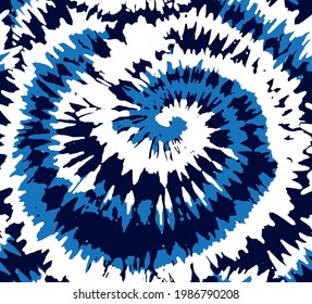 Tie Dye Blue Spiral Circle Seamless Pattern Vector Illustration.