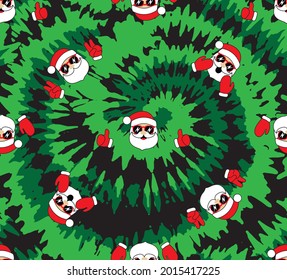 Tie dye blue spiral circle with funny santa faces in sunglasses. Seamless pattern. Christmas vector illustration.