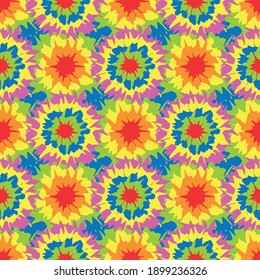 La estrella del círculo de tinte de tinta forma un fondo de patrón vectorial sin fisuras. Fondo geométrico con estilo de colcha crochet de color tropical paintero diseño de salpicaduras. Repetición de diversión retro para el concepto de vacaciones de playa de verano