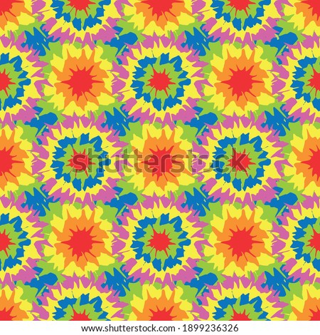 Tie dye circle star shapes seamless vector pattern background. Geometric backdrop with crochet quilt style tropical color painterly spatter design. Retro fun repeat for summer beach vacaction concept