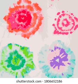 Tie Dye Circle Vector. Beautiful Hand Drawn Bohemian Painting. Colorful Ink Textured Print. Abstract Dyed Fabric. Organic Fashion Effect. Fantasy Texture. Floral Watercolor Bohemian Pattern.