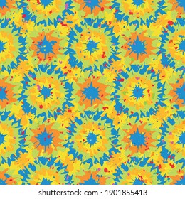 Tie dye effect abstract seamless vector pattern background. Geometric backdrop with circle shapes. Tropical color painterly spatter design. Retro fun repeat for summer beach vacaction concept