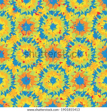 Tie dye effect abstract seamless vector pattern background. Geometric backdrop with circle shapes. Tropical color painterly spatter design. Retro fun repeat for summer beach vacaction concept