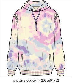 TIE DYE HOODED SWEAT TOP WITH RIB FOR UNISEX IN EDITABLE VECTOR FILE