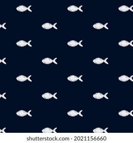 Tie dye indigo seamless pattern with white fish. Retro surface backdrop in Japanese embroidery style for fabric, textile, wallpaper, upholstery and wrapping paper. Naive vintage vector illustration.
